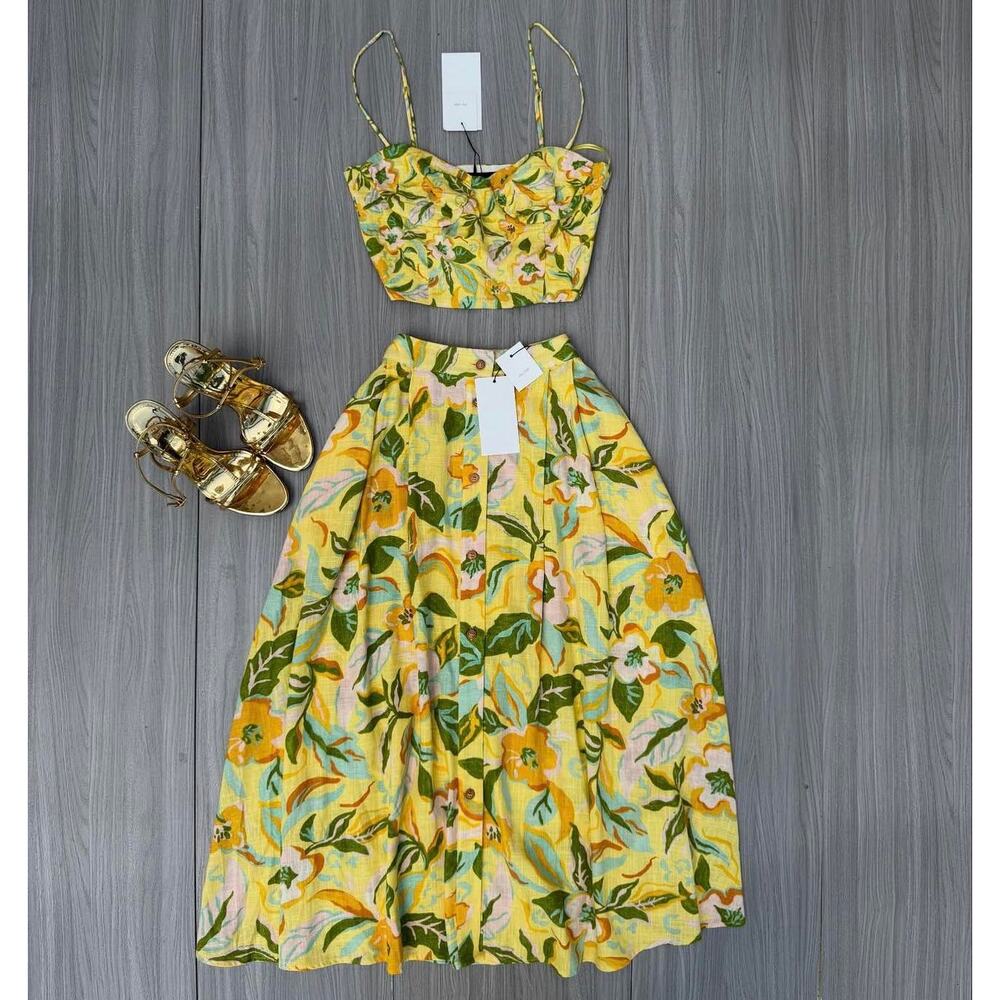 Zara Floral Co Ord Set Corset Top Midi Skirt Linen Blend Vacation Outfit NWT - Picture 16 of 16